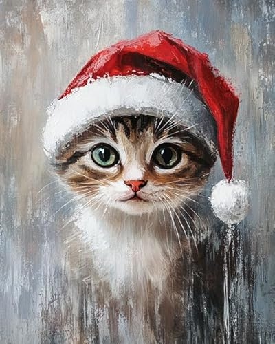 Malen-nach-Zahlen-Set zum Selbermachen für Erwachsene und Anfänger,Katze mit Weihnachtsmannmütze,komplettes Kunstset auf Acryl-Leinwand für Heimdekoration und kreatives Basteln,40x50 cm,mit Rahmen von ANSIWEIGO