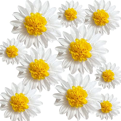 ANSOMO Gänseblümchen Seidenpapier Pom Poms Party Dekorationen Weiß Gelb Blumen Wandbehang 1. Geburtstag Braut Baby Shower Hochzeit Klassenzimmer Dekor 12" 8" 10 Stück von ANSOMO