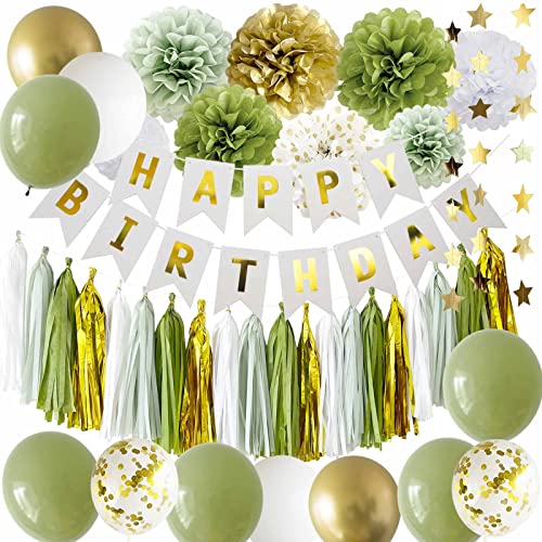 ANSOMO Olivgrün und Gold Happy Birthday Party Dekorationen Salbeigrün Weiß Avocado Safari Botanisch Grün Neutral Dekor Supplies Luftballons Seidenpapier Pom Poms Quaste Girlande Jungen Mädchen Frauen von ANSOMO