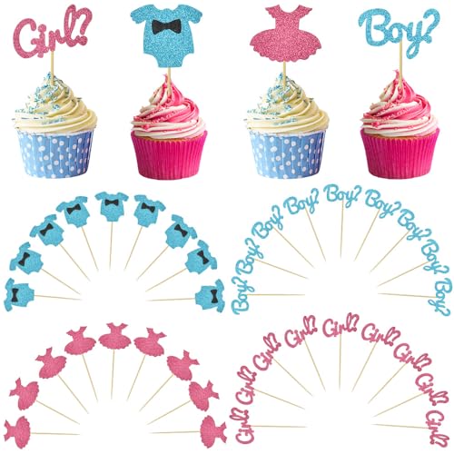 ANTHYTA 36 Stück Jungen oder Mädchen Cupcake Toppers Glitter Blau und Rosa Boy or Girl Tortendeko Kuchen Deko Gender Reveal Cake Topper Baby Shower für Geburtstag Taufe Babyparty Kinderparty von ANTHYTA