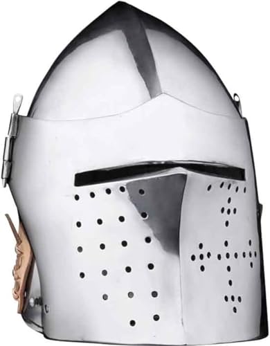 Mittelalterlicher Bascinet-Helm, Ritter, Fantasie-Rüstung, Kampf-Nachstellung, groß, Silber von ANTIQUEMEDIEVAL