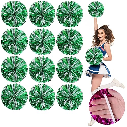 ANTM Cheerleader-Pompons, 12er-Pack, Sport, Tanz, Jubel, Cheerleader-Pompons aus Kunststoff, metallisch, für Kinder und Erwachsene (Grün+Silber) von ANTM