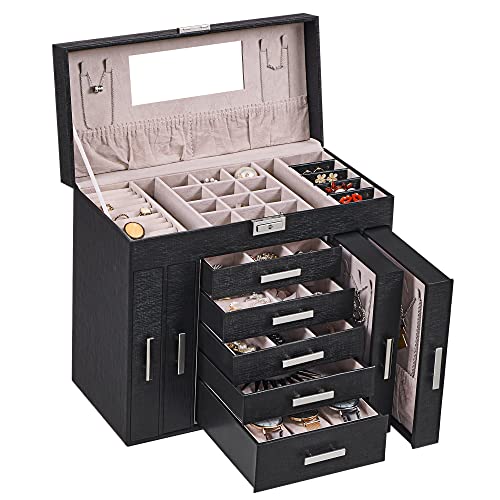 ANWBROAD Riesige Schmuckschatulle Schmuck Organizer Case 6 Ebenen 40 Haken Display Aufbewahrungshalter mit Schloss Spiegel Mädchen Schmuckschatulle Ohrringe Ringe Halsketten Armbänder JJB018B von ANWBROAD