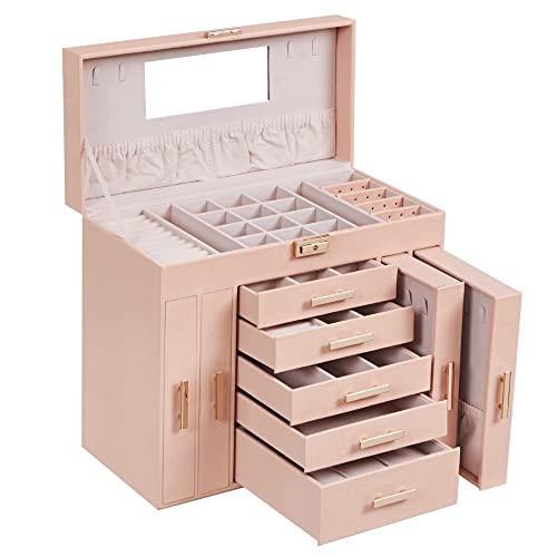 ANWBROAD Riesige Schmuckschatulle Schmuck Organizer Case 6 Ebenen 40 Haken Display Aufbewahrungshalter mit Schloss Spiegel Mädchen Schmuckschatulle Ohrringe Ringe Halsketten Armbänder JJB018F von ANWBROAD