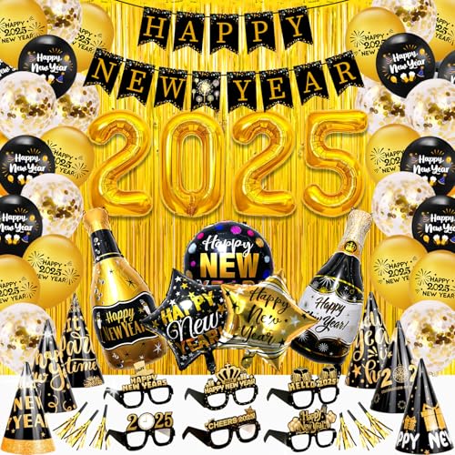 Silvester-Partyzubehör 2025, einschließlich Folienballons aus dem Jahr 2025, Happy New Year Banner, Ballon-Set, Hut und Partybrille für 2025 Happy New Year Dekoration von ANYMONYPF