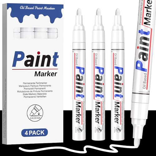 ANYUKE 4 weiße Permanent marker wasserfeste: 2-2.8 mm trocknen schnell Lackstift weiß, Gute Deckkraft Marker Stifte für Etiketten, Metall, Glas, Holz, Reifen, Stein, schwarzes Papier von ANYUKE