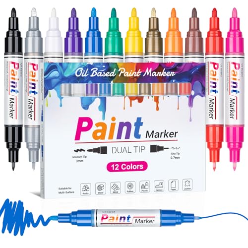 Permanent Marker Wasserfeste Stifte Lackstift:12 Dual Tip Permanent Marker Wasserfest Bunte Glasmalstifte für steine,holz,glas,keramik,plastik,metall,permanent marker fein 0.7mm paint marker 3mm von ANYUKE