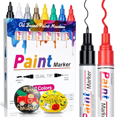 Permanent Marker Wasserfeste Stifte set：8 Dual Tip Steine Bemalen Glasmalstifte Permanent Marker Fein Lackstift Glasstift für Basteln,Karton, Kunststoff, Holz, Metall,Keramik,Tasse,Reifen,Glas,Plastik von ANYUKE