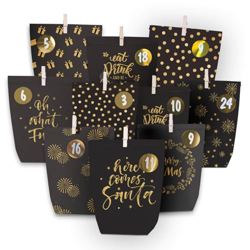 Adventskalender Tüten zum Befüllen, Weihnachtskalender Papiertüten zum Selber Basteln, DIY Advents Kraftpapiertüten Selbstbefüllen zum selbst füllen,Schwarzgold motiv, 24 Bedruckte Geschenktüten von ANYUNKEY