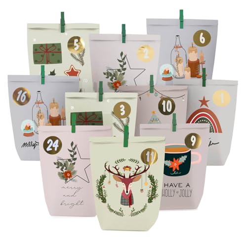 Adventskalender zum Befüllen, 24 Weihnachtskalender Papiertüten, Advents tüten mit Zahlenaufkleber und Klammern,Scandinavian style - zum Basteln und Verschenken von ANYUNKEY