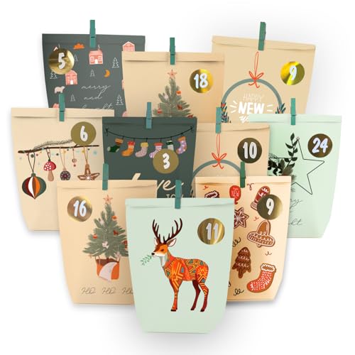 Adventskalender zum Befüllen, 24 Weihnachtskalender Papiertüten,DIY Geschenktüten zum Selber Basteln, Kraftpapiertüten Advents Tüten Selbstbefüllen für Kinder & Erwachsene von ANYUNKEY