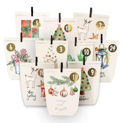 Adventskalender zum Befüllen, 24 Weihnachtskalender Papiertüten zum Selber Basteln, DIY Geschenktüten zum selbst füllen, Weißer Aquarellstil motiv, Kraftpapiertüten Advents Tüten Selbstbefüllen von ANYUNKEY