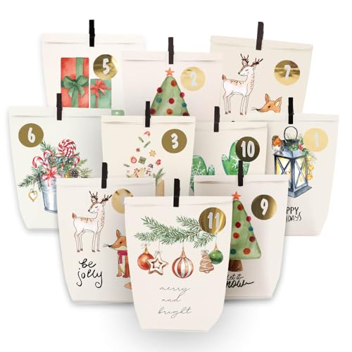 Adventskalender zum Befüllen, 24 Weihnachtskalender Papiertüten zum Selber Basteln, DIY Geschenktüten zum selbst füllen, Weißer Aquarellstil motiv, Kraftpapiertüten Advents Tüten Selbstbefüllen von ANYUNKEY