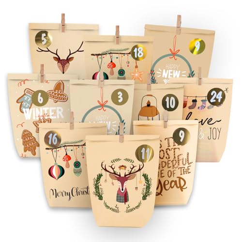 Adventskalender zum Befüllen - 24 Papier Adventstüten zum Basteln - Papier Weihnachtstüten-Papiertüten zum Basteln und Verschenken-Advents Tüten von ANYUNKEY