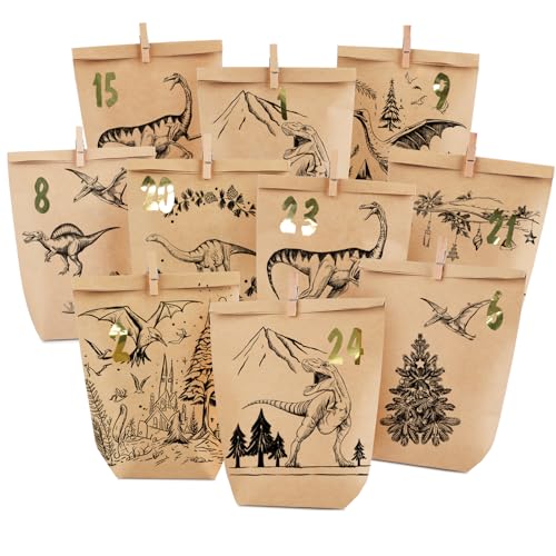 Adventskalender Tüten zum befüllen 2024, Größe 16x22cm，Geschenk Papiertüten Zum Selber Befüllen Basteln handgezeichnet dinosaurier Advents Tüten, DIY Weihnachtskalender zum Basteln von ANYUNKEY