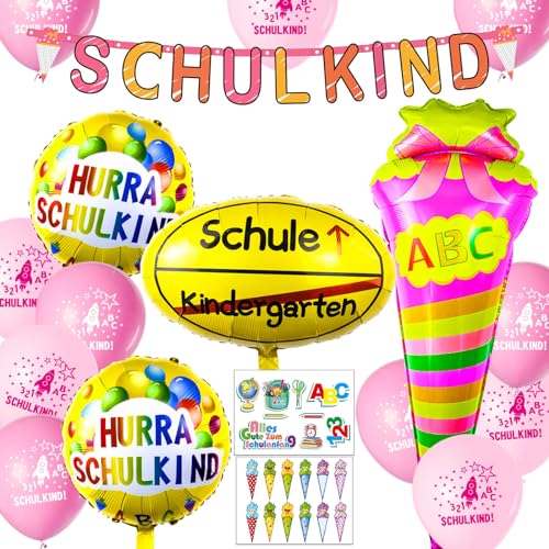 Einschulung Schuleinführung Deko Set für Mädchen,SCHULKIND Banner + 2pcs HURRA SCHULKIND Folienballon + 18 Luftballon+Zuckertüte Folienballons mit ABC+ 21 Konfetti Schulanfang schulkind Deko von ANYUNKEY