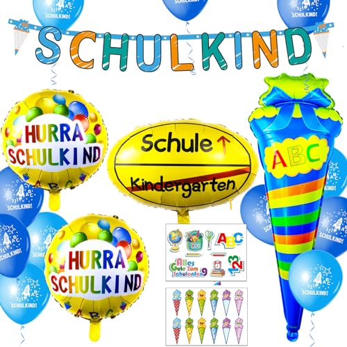 Einschulung Schuleinführung Deko Set für Jungen,SCHULKIND Banner + 2pcs HURRA SCHULKIND Folienballon + 18 Luftballon+Zuckertüte Folien Luftballons mit ABC+ 21 Konfetti Schulanfang schulkind Deko von ANYUNKEY