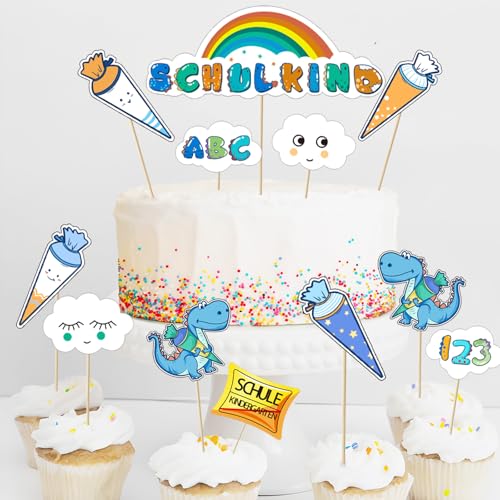 Tortendeko zur Einschulung, 12-teilig Einhorn-Thema Schulanfang Cupcake Topper Deko,Schuleinführung Kuchen Fondant Muffins Zucker deko,für schulkind Junge Mädchen 1. Schultag Party Deko von ANYUNKEY