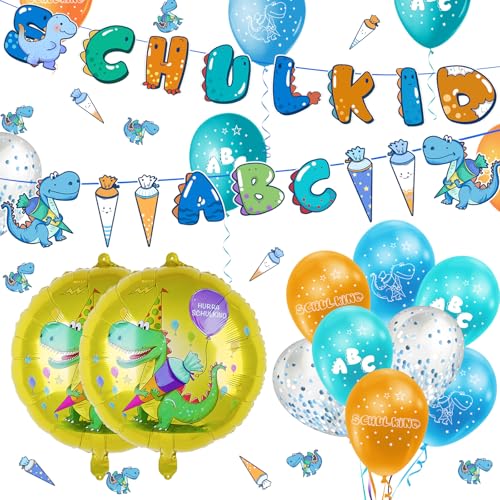 Einschulung Deko Jungen 2024,Schuleinführung Schulanfang Deko Set ,Dinosaurier thema Folienballon+Blaue schulkind Zuckertüte banner+Schultüte Konfetti +Schulanfang Latex Ballons, schulkind Deko Jungs von ANYUNKEY