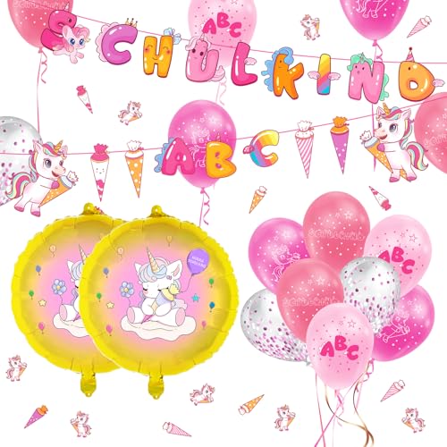 Einschulung Deko Mädchen 2024,Schuleinführung Schulanfang Deko Set ,Einhorn thema Folienballon+rosa schulkind Zuckertüte banner+Schultüte Konfetti +Schulanfang Latex Ballons, schulkind Deko (Einhorn) von ANYUNKEY