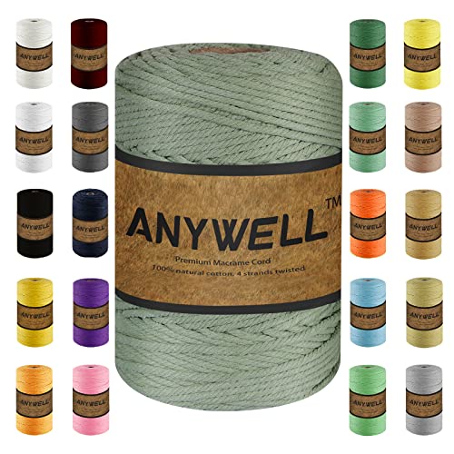 ANYWELL 3-6mm Erbsengrün Makramee Garn 4mm x 218yards, Baumwollgarn Naturliches Baumwollkordel Baumwolle Garn Basteln für DIY Handwerk Basteln Wand Aufhängung Pflanze Aufhänger von ANYWELL