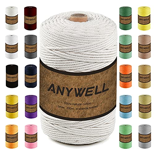 ANYWELL 3-6mm Makramee Garn 3mm x 218yards, Baumwollgarn Naturliches Baumwollkordel Baumwolle Garn Basteln für DIY Handwerk Basteln Wand Aufhängung Pflanze Aufhänger von ANYWELL