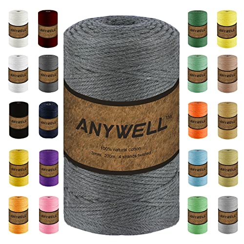 ANYWELL Dunkelgrau Makramee Garn 3mm x 218yards，Baumwollgarn Naturliches Baumwollkordel Baumwolle Garn Basteln für DIY Handwerk Basteln Wand Aufhängung Pflanze Aufhänger von ANYWELL