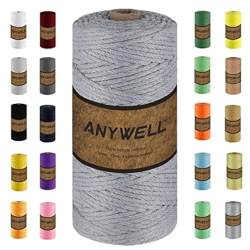 ANYWELL Hellgrau Makramee Garn 3mm x 109yards, Corde Makramee, farbiges Makramee-Seil, Baumwollschnur, handgefertigtes, weiches 4-strängiges gedrehtes Baumwollseil, Wandbehang, Pflanzenaufhänger von ANYWELL