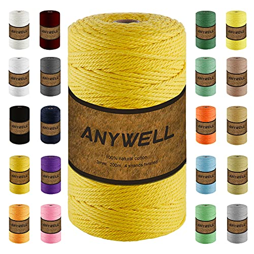 ANYWELL Gelb Makramee Garn 3mm x 218yards, Corde Makramee, farbiges Makramee-Seil, Baumwollschnur, handgefertigtes, weiches 4-strängiges gedrehtes Baumwollseil, Wandbehang, Pflanzenaufhänger von ANYWELL