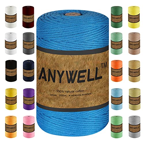 ANYWELL Pfauenblau Makramee Garn 3mm x 218yards, Corde Makramee, farbiges Makramee-Seil, Baumwollschnur, handgefertigtes, weiches 4-strängiges gedrehtes Baumwollseil, Wandbehang, Pflanzenaufhänger von ANYWELL