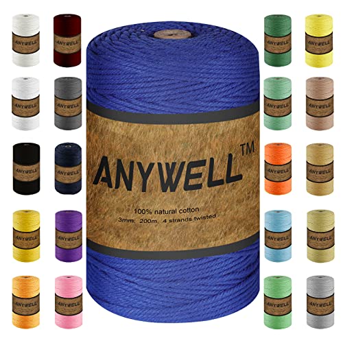 ANYWELL Saphirblau Makramee Garn 3mm x 218yards, Makramee-Schnur，Corde Makramee, farbiges Makramee-Seil, Baumwollschnur, handgefertigtes, weiches 4-strängiges gedrehtes Baumwollseil, Wandbehang von ANYWELL