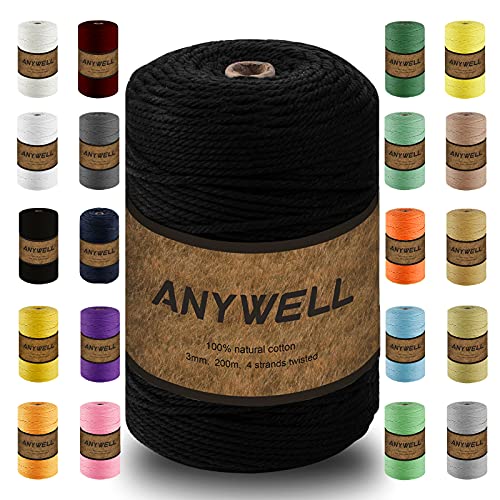 ANYWELL Schwarz Makramee Garn 3mm x 218yards, Baumwollgarn Naturliches Baumwollkordel Baumwolle Garn Basteln für DIY Handwerk Basteln Wand Aufhängung Pflanze Aufhänger von ANYWELL