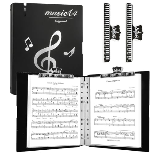 AOBOPLE Notenmappen A4,100 Tasche Chormappen Schwarz Notenordner Mappe für Notenblätter,Music Sheet Folder mit 2 Notenheftklammern Musiknote Mappe Ringbuch (Black) von AOBOPLE