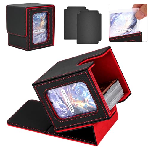 Karten Box für 100+ Karten, Integrierte Karten-Aufbewahrungsboxen, PU Leder Magnetverschluss Trading Card Box, Commander Magic Deck Box, mit 2 Kartonteiler, für TCG Magic the Gathering(Schwarz Rot) von AOBOPLE