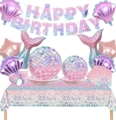 Meerjungfrau Party Geschirr Set, 95pcs Meerjungfrau Teller Servietten Tassen Tischdecke und Meerjungfrau Geburtstag Banner Meerjungfrau Luftballons Dekorationen Supplies für Mädchen Meerjungfrau Party von AODOKAT