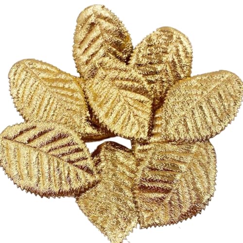 Stickerei-AufnäHer 50 Stück niedlicher gepolsterter Stoff, goldenes Blatt und grünes Blatt, Party-DIY-Nähflicken, Kopfbedeckung, Zubehör, Basteln Stickerei AufnäHer (Color : Gold) von AOEGBY