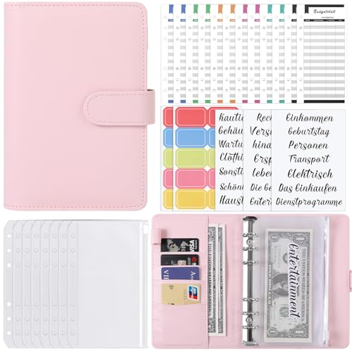 AOFITEE Budget Planner Deutsch, A6 Geld Organizer Budgetplaner Kunstleder Ringbuch, 2024 Geld Organizer Budget Planer mit 12 Binder Taschen, Geld Sparen Challenge Budget Binder Sparchallenge von AOFITEE