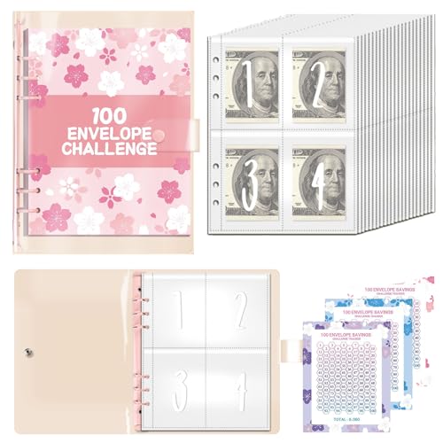 100 Envelope Saving Challenge, A5 Budgetplaner Mit Challengers Tracker & Pre-numbered Geldfächer, Ringbuch A5 Rosa von AOHIAOO