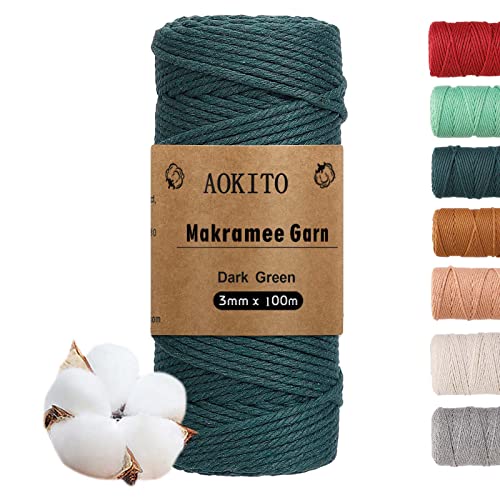 AOKITO Premium Makramee Garn, 3mm x 100m Makramee Baumwollgarn, Makramee Schnur für DIY Handwerk, Weben & Hängepflanzen - Natürlich, Umweltfreundlich & Langlebig (Dunkelgrün) von AOKITO