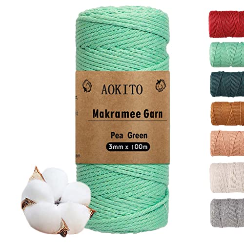 AOKITO Premium Makramee Garn, 3mm x 100m Makramee Baumwollgarn, Makramee Schnur für DIY Handwerk, Weben & Hängepflanzen - Natürlich, Umweltfreundlich & Langlebig (Erbsengrün) von AOKITO