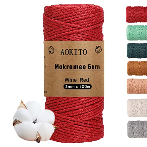 AOKITO Premium Makramee Garn, 3mm x 100m Makramee Baumwollgarn, Makramee Schnur für DIY Handwerk, Weben & Hängepflanzen - Natürlich, Umweltfreundlich & Langlebig (Rotwein) von AOKITO