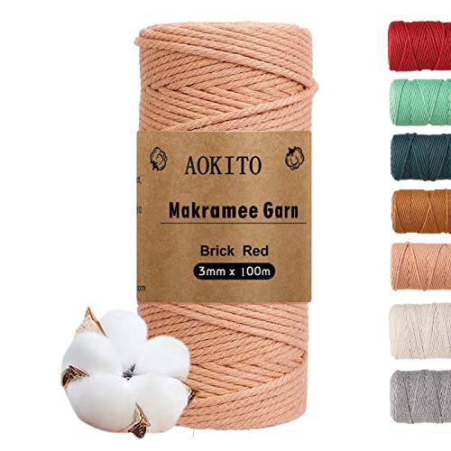 AOKITO Premium Makramee Garn, 3mm x 100m Makramee Baumwollgarn, Makramee Schnur für DIY Handwerk, Weben & Hängepflanzen - Natürlich, Umweltfreundlich & Langlebig (Ziegelrot) von AOKITO