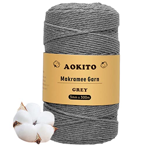 AOKITO Premium Makramee Garn, 3mm x 300m Makramee Baumwollgarn, Makramee Schnur für DIY Handwerk, Weben & Hängepflanzen - Natürlich, Umweltfreundlich & Langlebig (Grau) von AOKITO