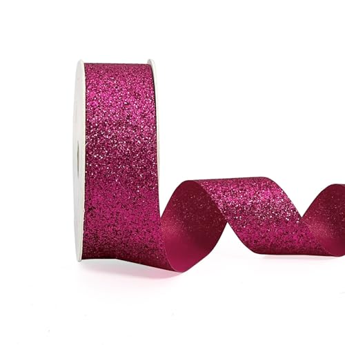 AOKSUNOVA Geschenkband Hochzeit Metallic Schleifenband Breit Glitzer Glitzerband 2,5cm x 22,8m Fuchsia Geschenkbänder Glänzend von AOKSUNOVA