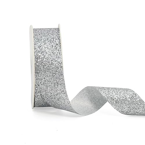 AOKSUNOVA Geschenkband Silber Glitzer Schleifenband Hochzeit Breit Hochzeit Metallic Glänzendes Band 2,5cm x 22,8m von AOKSUNOVA