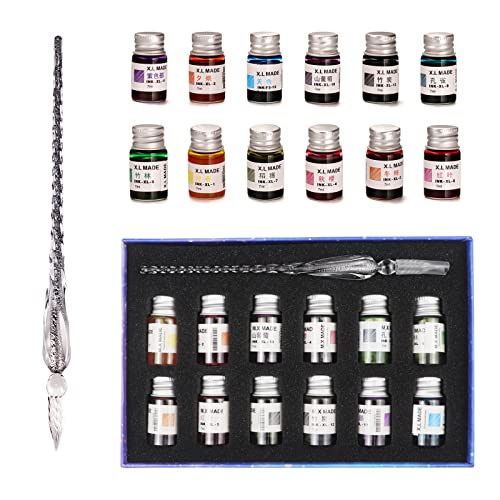 AOKUY Glasstift-Set, Kalligraphie-Stifte, 12 bunte Tinten, Kaligraphie-Sets für Kunst, Schreiben, Unterschrift, Dekoration, Geschenk (Silber-Schwarz) von AOKUY