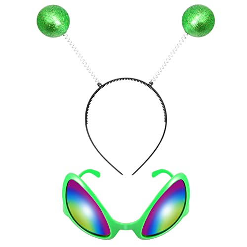 AOKWAWALIY Grünes Alien-Stirnband Alien-Brillen-Set Antennen-Stirnband Neuheit Halloween-Brille Alien-Regenbogen-Sonnenbrille Glitzerndes Alien-Cosplay-Kostümzubehör von AOKWAWALIY