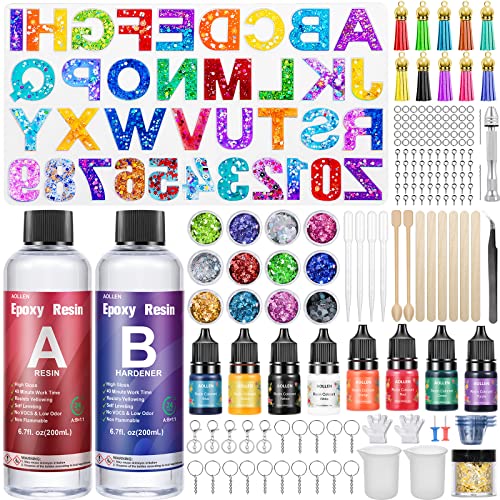 AOLLEN 186 Stück Epoxidharz Set Anfänger, Formen Buchstaben Zahlen Epoxy Resin Silikonform für Schlüsselanhänger, 400ml harz Gießen Zubehör, Farbe, Pailletten, Quasten von AOLLEN