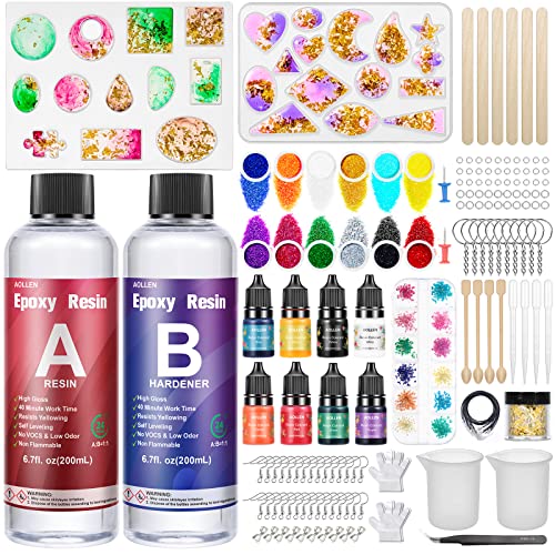 AOLLEN Epoxidharz Set Anfänger 2 teile 400 ml, Glasklar Resin harz Gießen Set Mit Epoxidharz Zubehör, Epoxidharz Formen, Farbe, Glitzer DIY Schmuckherstellung für Halskette, Ohrringe, Schlüsselbund von AOLLEN