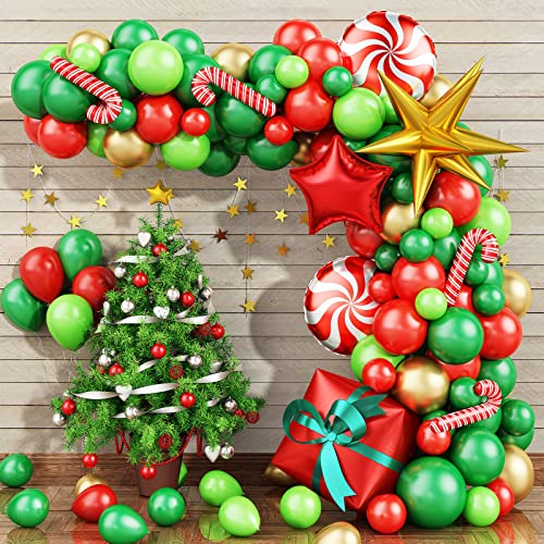 AOLOA Weihnachten Luftballon Girlande Zuckerstangen - 94 Stück Rot Grün Gold Metallic Latexballon mit 3D Weihnachten Stern, Zuckerstange, 4D Geschenk Box Folienballons für Weihnachts, Neuen Jahr von AOLOA